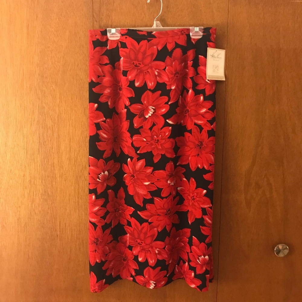 NWT Midi Length Red Floral Skirt